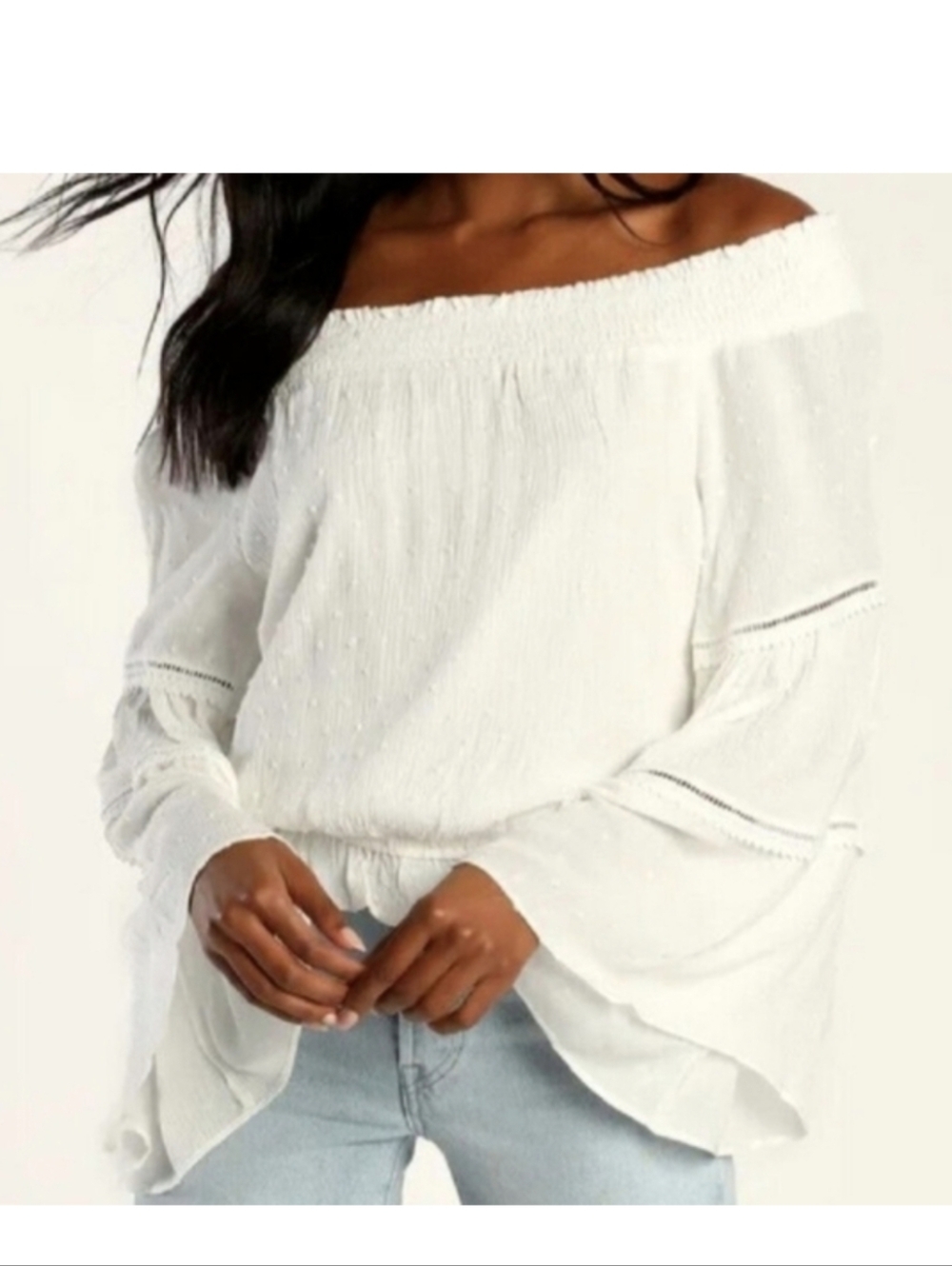 Lulus Sunny Story Lace Bell Sleeve Off Shoulder Top Small Off White NWT‎